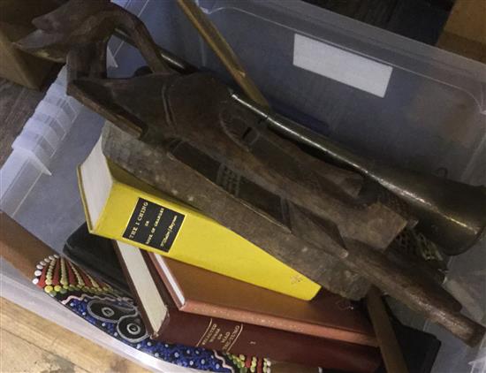 Box of sundries, carved mask, telephone etc(-)